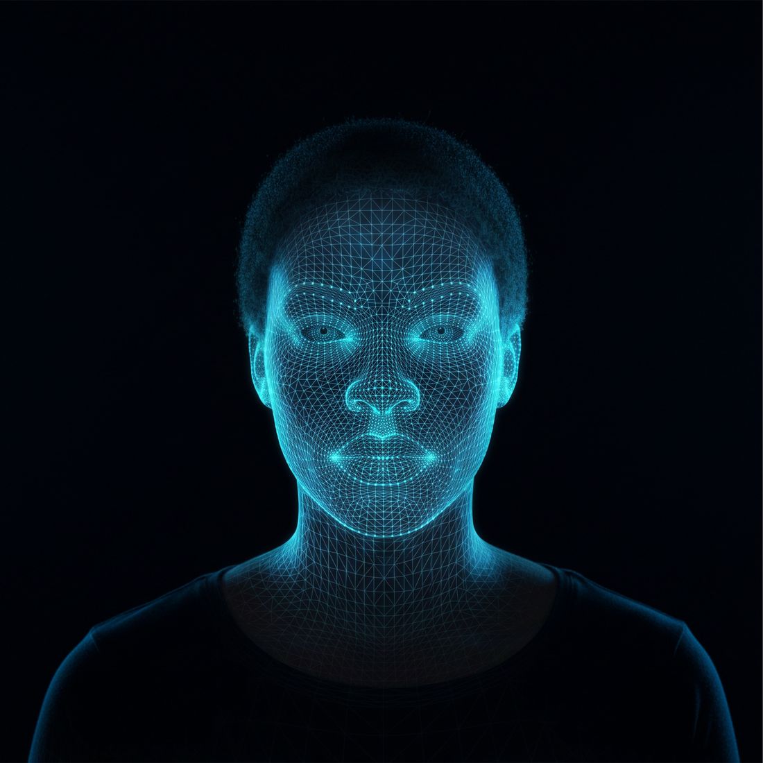 Holographic face mesh revealed under the cursor