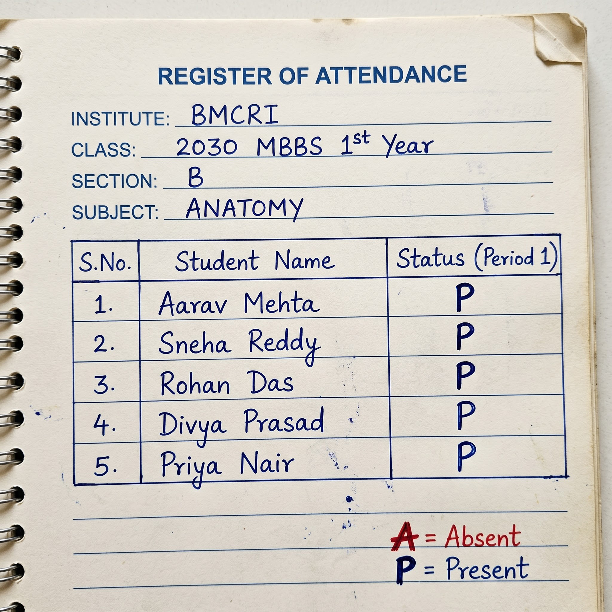 A handwritten attendance register, every row marked present